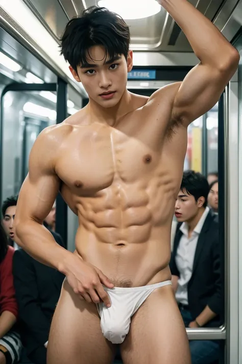 Amazing train scenery, in the middle of crowded inside the train, inside train on the background, crowded people, he wore a very small transparent thong covering half of his big hard dick, dickprint, Sweat dripping all over the body, sweat covering all ove...