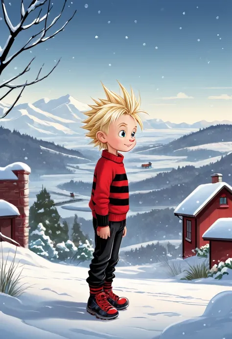 6 year old boy, spiky blond hair, mischievous, troublemaking, childish, stubborn, ill-behaved, black pants, red sweater with small horizontal black stripes, winter landscape, graphic novel illustration