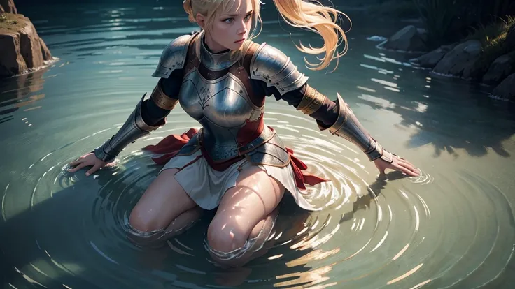 a female knight kneeling in shallow water, water ripples around her, arms raised with open hands, looking up, blonde hair in ponytail with red ribbon, blue eyes, detailed portrait, photorealistic, 8k, hyper detailed, intricate, elegant, cinematic lighting,...