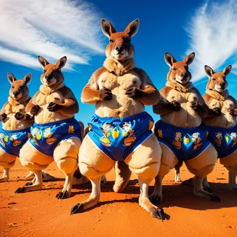 there are five kangaroos in underwear standing in a line, kangaroos, subject: kangaroo, subject : kangaroo, australia, on a hot australian day, spy kangaroo, australian, in the australian outback, in the australian desert, in australia, shutterstock, kanga...