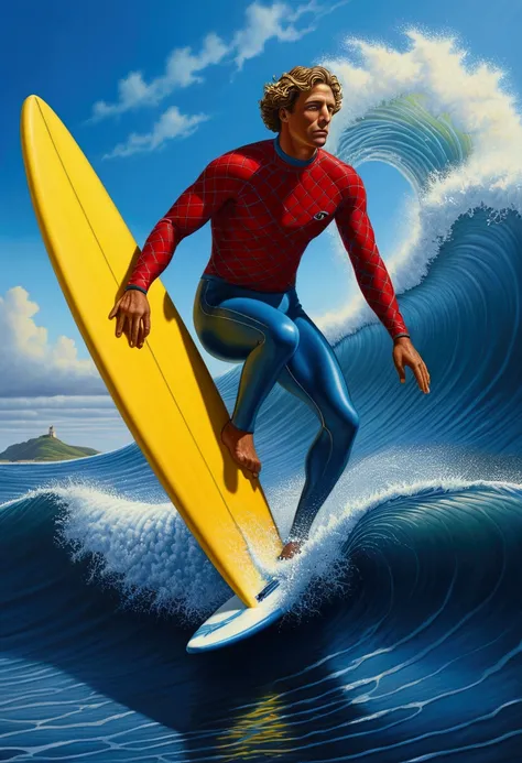 Surfing Surfer on surfboard, waves, by Rafal Olbinski, full body, cinematic still, (best quality, masterpiece, photorealistic), very aesthetic, perfect composition, intricate details, ultra-detailed, vivid colors