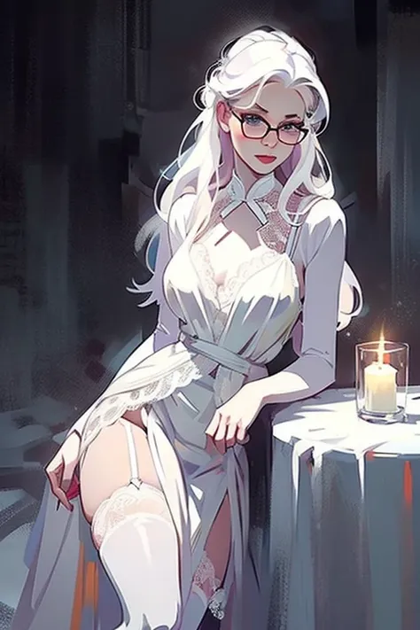 Cute 18 yo (albino:1.4)woman of Slavic descent.(short:1.1), long white hair, gray eyes, ((very pale:1.4)). Innocent look. Gentle spirit.(virgin), Eyeglasses, mascara,((black sheer lace lingerie and stocking)),(joy),(love), candle lit room, special night.(a...