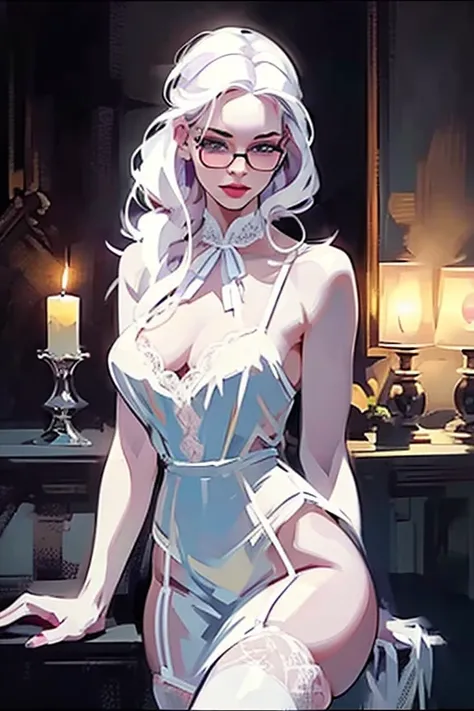 Cute 18 yo (albino:1.4)woman of Slavic descent.(short:1.1), long white hair, gray eyes, ((very pale:1.4)). Innocent look. Gentle spirit.(virgin), Eyeglasses, mascara,((black sheer lace lingerie and stocking)),(joy),(love), candle lit room, special night.(a...