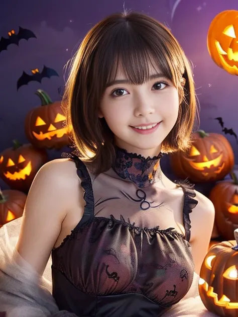 ((from below,upper body),a 25 years old girl, detailed cutie face, beautiful balanced clear detailed eyes, detailed dropped eyes, beautiful charming cutie big smile, extremely detailed face,slender body,short hair,anime style, (halloween costume):2.0), Hig...