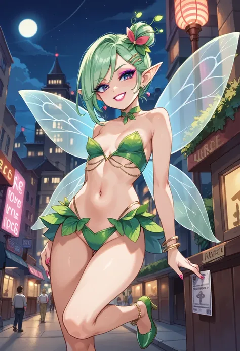 Score_9, score_8_up, 4k, 8k, detailed face, source_anime, smug fairy girl with small breasts, skimpy outfit, flying, fairy wings, slut, prostitute fairy, whore, city, nighttime, lantern, street, neon lights, red-light-district, prostitute, prostitute fairy...