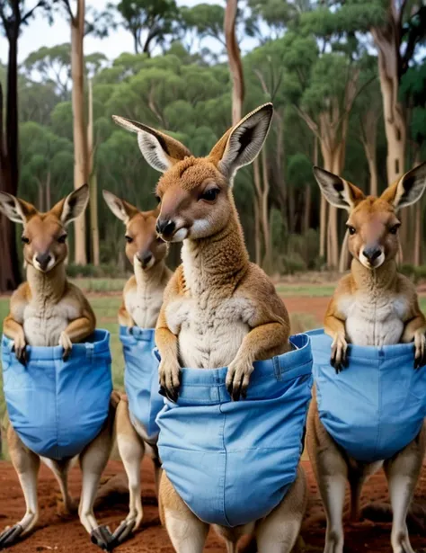 there are four kangaroos standing in a group in the dirt, kangaroos, subject : kangaroo, subject: kangaroo, kangaroo, australian, in australia, spy kangaroo, australia, trending ，, khakis, many legs, by Elizabeth Durack, giant legs, by Lee Loughridge, long...