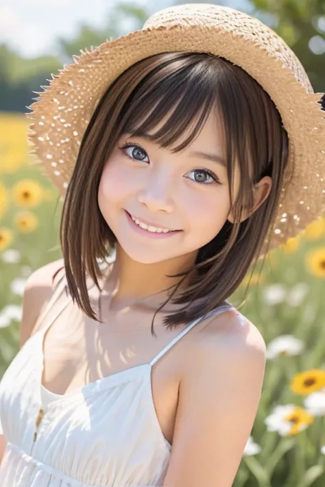 (8k),(masterpiece),(High resolution),(Realistic:1.4),(Japanese),(12 year old girl),Childish,((Innocent look)),Pure,from the front,(smile),((cute)),((超cute)),Innocent,Kind eyes,((Double Eyes)),Beautiful eye and skin details,(Realistic skin texture:1.3),(((H...