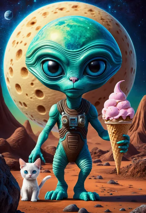 Alien walks with cat, carries an ice cream cone with vanilla ice cream, alien planet