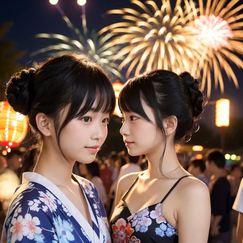 Summer festival、20-year-old girl、Black Hair、yukata、Updo、firework、
