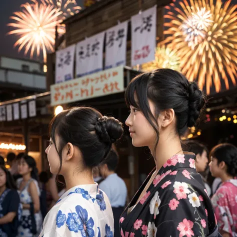 Summer festival、A 20-year-old girl、Black Hair、yukata、Updo、firework、Facing forward
