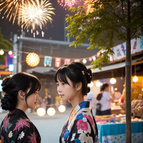 Summer festival、A 20-year-old girl、Black Hair、yukata、Updo、firework、Facing forward
