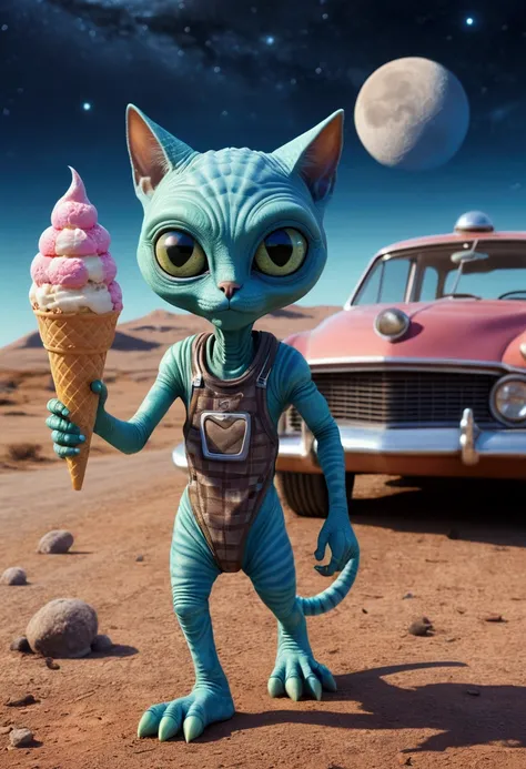 Alien walks with checkered cat, carries an ice cream cone with vanilla ice cream, alien planet, broken moon car in the background