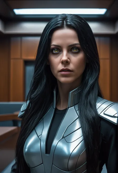 a bionic woman with long black hair, gray eyes, in a futuristic courtroom, cinematic sci-fi, dark atmosphere, cyberpunk, ultra-detailed, 8k, HDR, hyper-realistic, dramatic lighting, intricate machinery, holographic displays, sleek architecture, dystopian f...