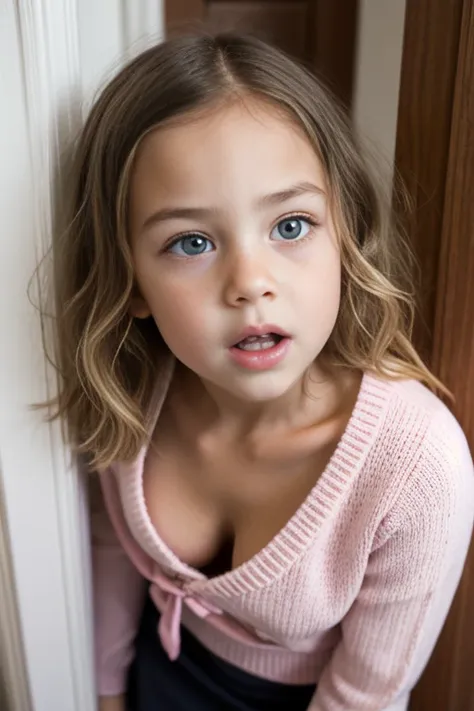 portrait of a shocked 9 year old preppie girl standing in a closet doorway.  pink sweater. bow in hair. blonde hair. close up. c...