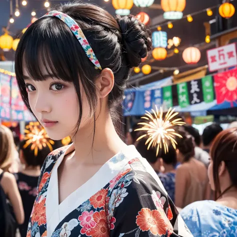 Summer festival、A 20-year-old girl、Black Hair、yukata、Updo、firework、Facing forward、Illustrated style

