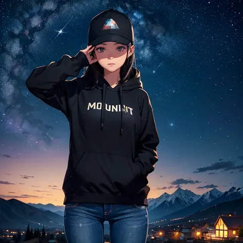 ((best quality)), ((masterpiece)), (detailed), 1 girl , black hoodie , black cap , standing position , facing backward , starry night background , mountain background , night time , jeans , cap covering the face