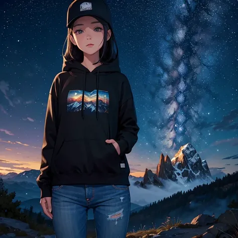 ((best quality)), ((masterpiece)), (detailed), 1 girl , black hoodie , black cap , standing position , facing backward , starry night background , mountain background , night time , jeans , cap covering the face