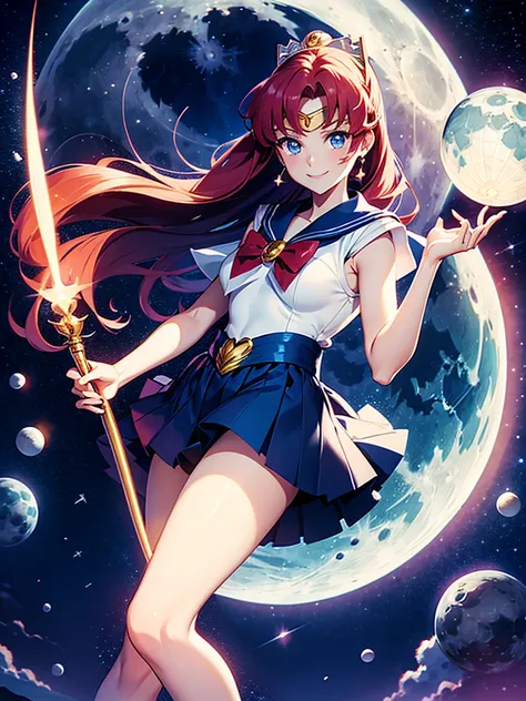 Sailor Moon, 1 girl, blue eyes, long redhead, carter bell, moon tiara, holding a moon stick, standing on the moon, Earth in the background, space, stars, confident smile