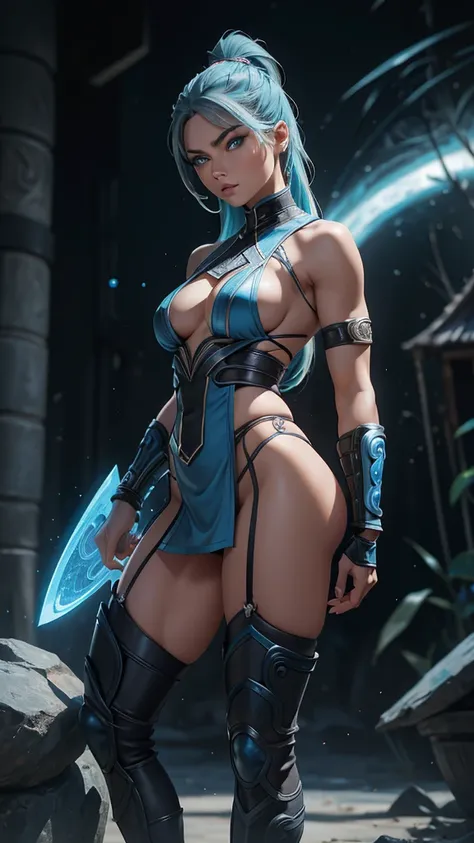 Sub-Zero versión mujer, (Mortal Kombat), sexy girl, poderosa, traje clásico negro con azul, YOUNG, skynny body, small and beautiful buttocks, toned abdomen, small and beautiful breasts, obscene, sensual, esta en la plataforma del torneo de artes marciales ...