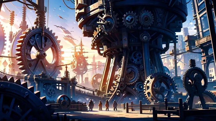 (a nation with constructions made of gears), festival, village, world of steel, gears, ultra detailed