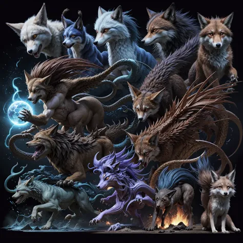 Make several creatures but without combining them into a mystical Creature inspired by Japanese culture and with animal characteristics and an RPG aspect as if it were a bestiary describing the aspects of the creature that CANNOT be wolves, foxes or dragon...