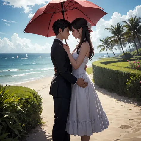 A romantic couple standing together on a beach, holding a red umbrella. The man and woman embrace each other tenderly, looking into each others eyes with love and affection. The scene is set against a backdrop of a vast ocean, with gentle waves and a beaut...