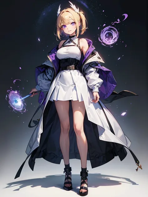 Highest quality,((Highest quality)),((Tabletop)),((Perfect Face)),1 girl.White and purple dress,White jacket,With a cane,armsを持っている,The flames flicker,Blonde,Purple eyes,smile,beauty,((Holographic)),(masterpiece:1.2, Highest quality),(Colored Background) (...