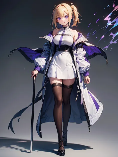 Highest quality,((Highest quality)),((Tabletop)),((Perfect Face)),1 girl.White and purple dress,White jacket,With a cane,armsを持っている,The flames flicker,Blonde,Purple eyes,smile,beauty,((Holographic)),(masterpiece:1.2, Highest quality),(Colored Background) (...