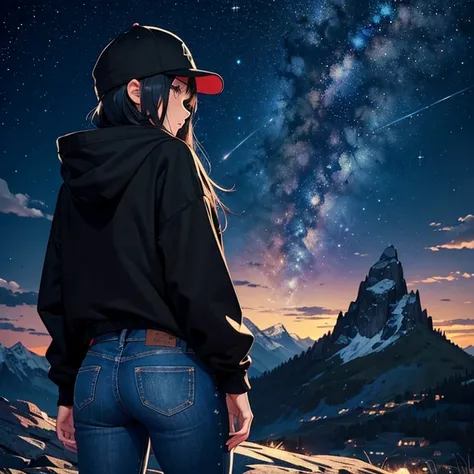 ((best quality)), ((masterpiece)), (detailed), 1 girl , black hoodie , black cap , standing position , facing backward , starry night background , mountain background , night time , jeans , cap covering the face , looking at the back , cute