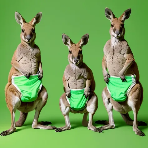 three kangaroos with diapers on their backs standing in front of a green background, kangaroos, subject : kangaroo, subject: kangaroo, green legs, spy kangaroo, kangaroo, green clothes, australian, in australia, australia, wearing green clothing, shutterst...