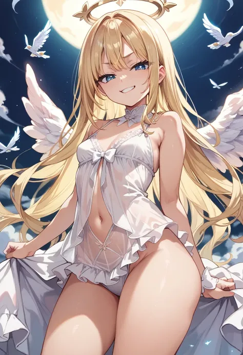 Score_9, score_8_up, 4k, 8k, detailed face, source_anime, smug angel girl with small breasts, pretty girl, thick thighs, blonde hair, long hair, (butakoma 300g), angel wings, white outfit, white babydoll,