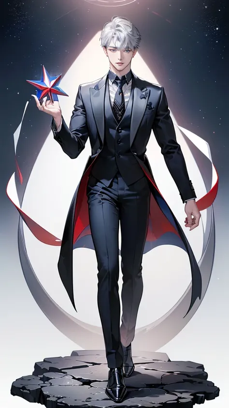 ((Highest quality，masterpiece，Extremely sophisticated details，Full body picture of a handsome young Korean-style man with short silver hair，Heterochromatic red and blue pupils，Holding a big three-dimensional star in hand，Wearing a formal black suit from th...