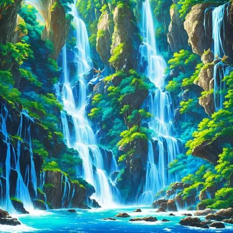 Beautiful south east asian goddess wearing blue ancient robe flying down near a waterfall