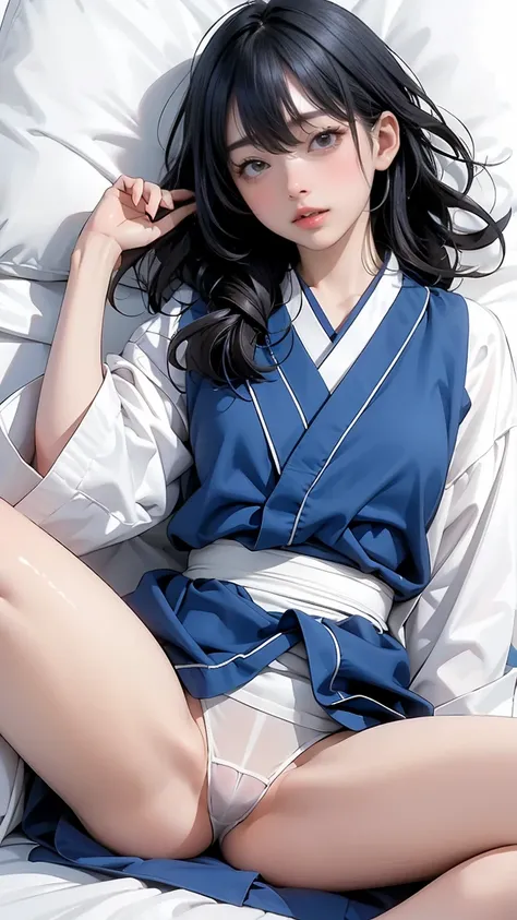 Young sensual Japanese woman、K-POPアイドルみたい、(Half-open eyes、Please open your mouth wide、Climax expression)、On the white sheets、Sleep on your back、(Japanese school)、Flexible body、Delicate white skin、length, Thin legs、(Sweaty body)、alone、(Beautiful and accurat...