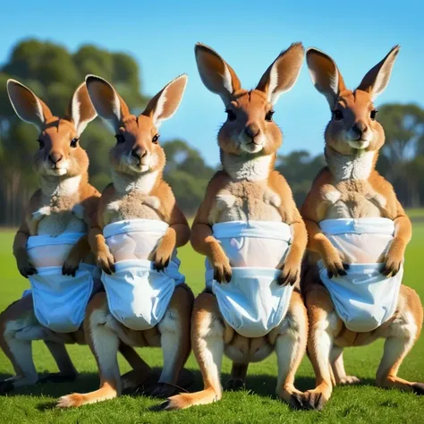 three kangaroos with a baby in their pouchs in a field, kangaroos, subject: kangaroo, subject : kangaroo, spy kangaroo, shutterstock, kangaroo, in australia, comical, australian, australia, trending ，, rabbits, istock, portrait shot, on a hot australian da...