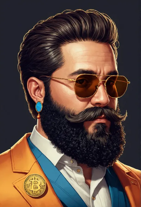 8bit,little hair, sunglasses,big black beard, earring in left ear, holding a coin, Letter A on the coin