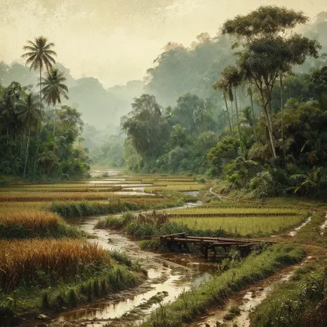 Oil paint splattered era 1960, a view of rice fields, dirt road, distant hill background, forest, coconut tree, and bamboo trees, there is grass,check,The river flows calmly and there is a wooden bridge,ferns plant, foggy morning,naturalism,Realism,very du...