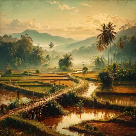 Oil paint splattered era 1960, a view of rice fields, dirt road, distant hill background, forest, coconut tree, and bamboo trees, there is grass,check,The river flows calmly and there is a wooden bridge,ferns plant, foggy morning,naturalism,Realism,very du...