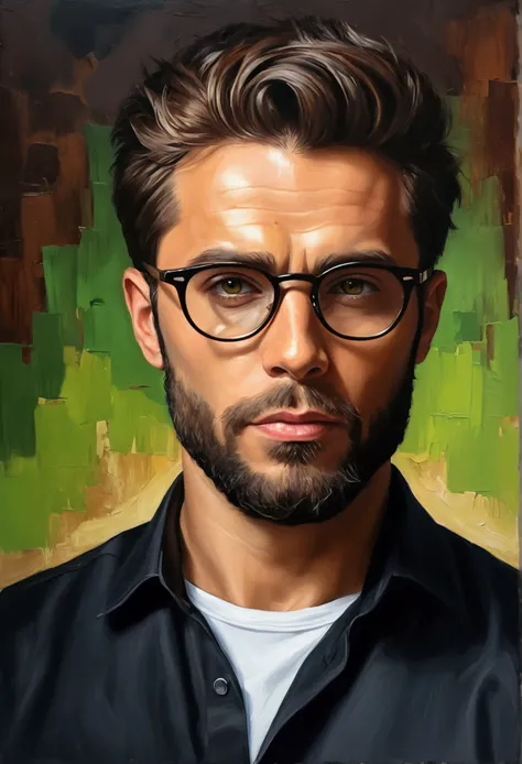 (best qualityer,4K,8k,high resolution,work of art:1.2),ultra detali,(realisitic,photorealisitic,photo-realisitic:1.37),average:oil painting,portraite,a 30-year-old man with short brown hair and a beard that gives him a strong, masculine appearance, a chise...