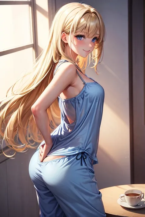 Draw Samantha, a female character with blonde hair reaching down to her waist, blue colored eyes. She is in town wearing only sexy pajamas preparing her morning coffee. She has small breasts and an amazing big ass. Sexy pajamas with gray panties. big and h...