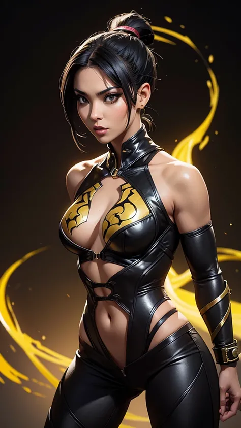 Scorpion woman version, (Mortal Kombat), sexy girl, powerful, black classic sexy suit with yellow, Young, skynny body, small and beautiful buttocks, toned abdomen, small and beautiful breasts, obscene, sensual, It&#39;s in the underworld of Japan., Dramati...