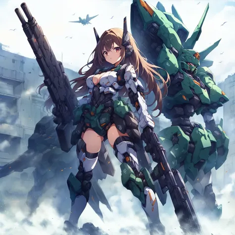 score_9, score_8_up, score_7_up, source_anime,masterpiece, best quality, high resolution, extremely detailed CG, absurdres, highres, a mecha girl holding a sword in front of a giant mech with a large blade, 1girl, weapon, mecha, robot, holding weapon, hold...