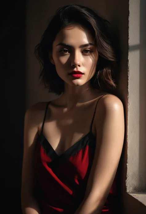 woman bathed in soft light, leaning against a wall, looking into the camera in a moment of raw emotion. Her attire is minimal, accentuating her beauty with the dramatic shadows cast by the lighting. The background is stark, with sharp contrasts highlightin...