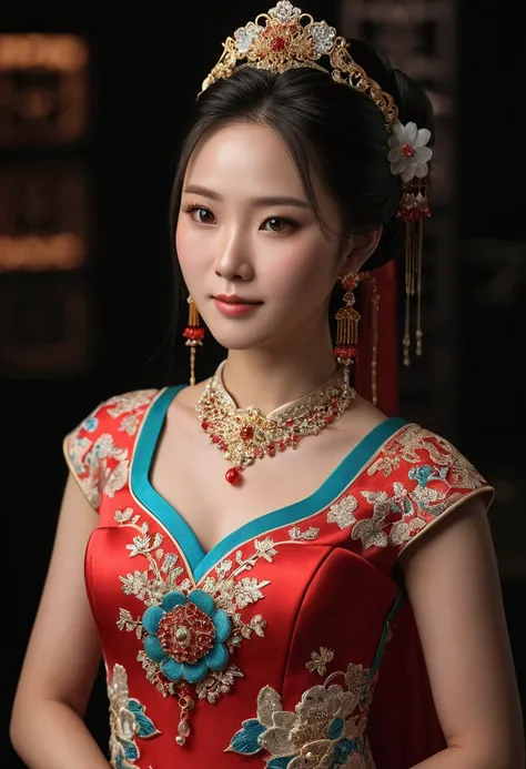 Best quality, Masterpiece, High accuracy, 1girl,Chinese wedding dress,Hair decoration,necklace, jewelry,Beautiful Face,on_Body, Tyndall effect,Realistic, Dark studio, Edge lighting, Two-tone lighting,(Highly detailed skin:1.2), 8 k uhd, dslr, Soft lighting...