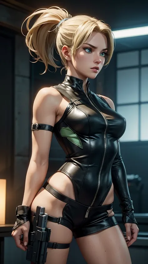 Sonya Blade, (Mortal Kombat), sexy girl, powerful, black classic sexy suit, Young, skynny body, small and beautiful buttocks, toned abdomen, small and beautiful breasts, obscene, sensual, edificios destruidos en Japón en el fondl, Dramatic background, over...