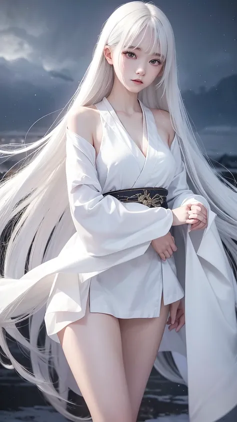 Delicate and dainty young woman with long glossy white hair. She is wearing a white only short thigh-baring kimono. The background is a fantastic and ethereal night sky with a heavy snowstorm. Her expression is stern and atmospheric.　Strong winds.