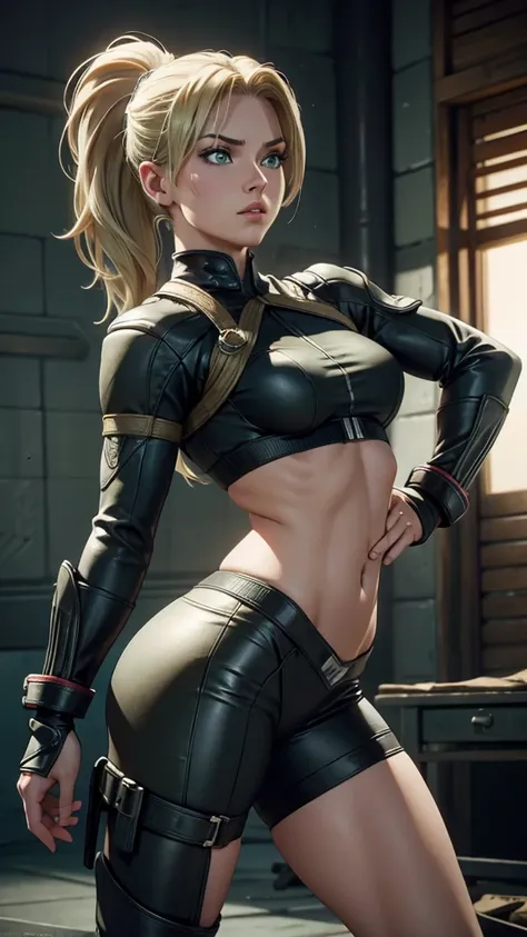 sonya blade, (mortal kombat), sexy girl, powerful, black classic sexy suit, young, skynny body, small and beautiful buttocks, to...