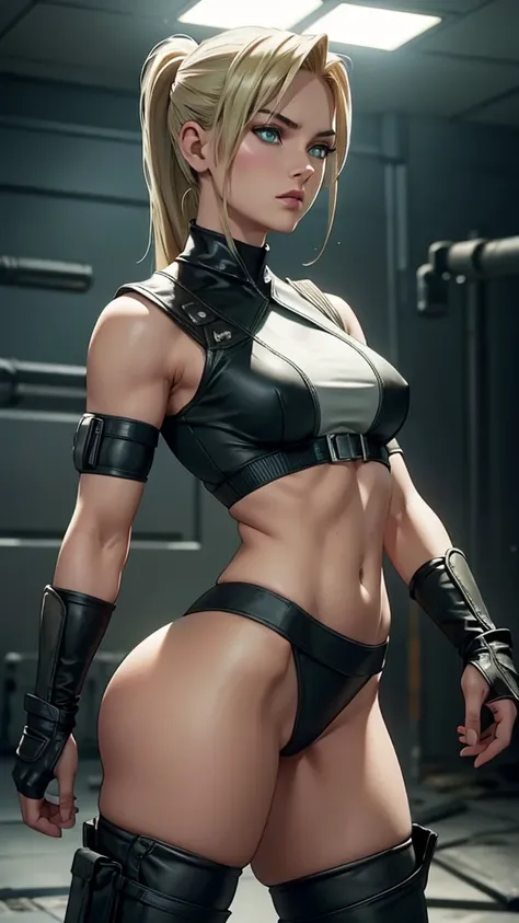 Sonya Blade, (Mortal Kombat), sexy girl, powerful, black classic sexy suit, Young, skynny body, small and beautiful buttocks, toned abdomen, small and beautiful breasts, obscene, sensual, edificios destruidos en Japón en el fondo, Dramatic background, over...