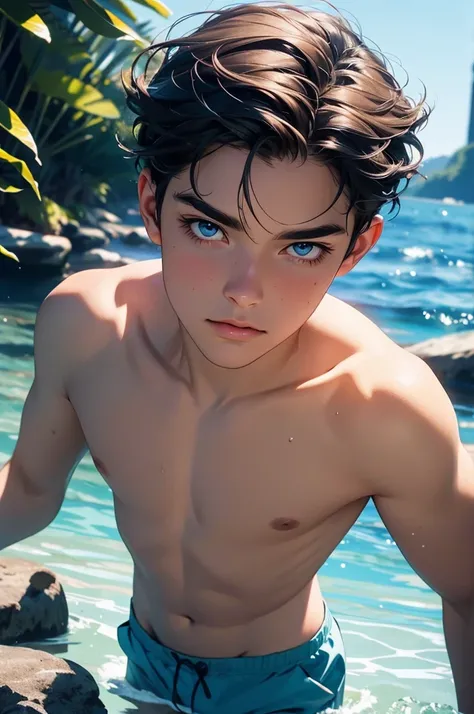 a young man swimming in the ocean with colorful fish,dark brown hair,tan,light water,blue,shorts,very light blue eyes,long eyelashes,shell,coral,(best quality,4k,8k,highres,masterpiece:1.2),ultra-detailed,(realistic,photorealistic,photo-realistic:1.37),hyp...