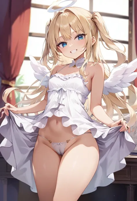 Score_9, score_8_up, 4k, 8k, detailed face, source_anime, smug angel girl with small breasts, pretty girl, thick thighs, blonde hair, long hair, (butakoma 300g), angel wings, white outfit, white babydoll, thong, nice hips, cameltoe,